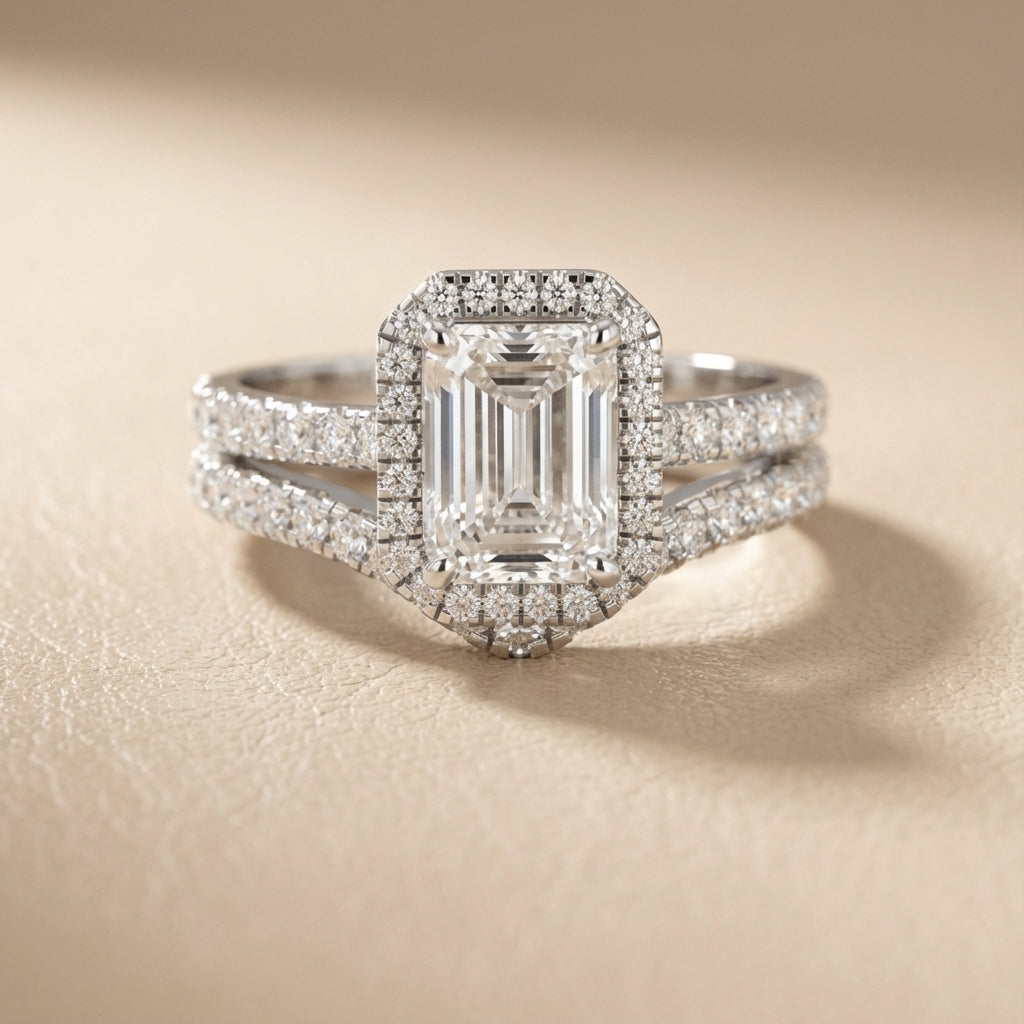 Emerald Cut Lab Grown Diamond Halo Engagement Ring in White Gold with Split Shank