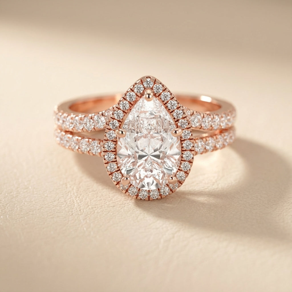 Pear Cut Lab Grown Diamond Halo Engagement Ring in Rose Gold with Split Shank
