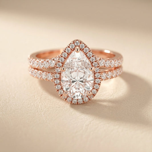 Pear Cut Lab Grown Diamond Halo Engagement Ring in Rose Gold with Split Shank