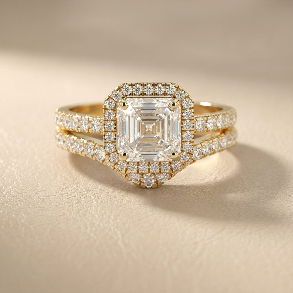 Seraphina Asscher Cut Lab Grown Diamond Halo Engagement Ring in Yellow Gold
