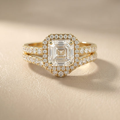 Seraphina Asscher Cut Lab Grown Diamond Halo Engagement Ring in Yellow Gold