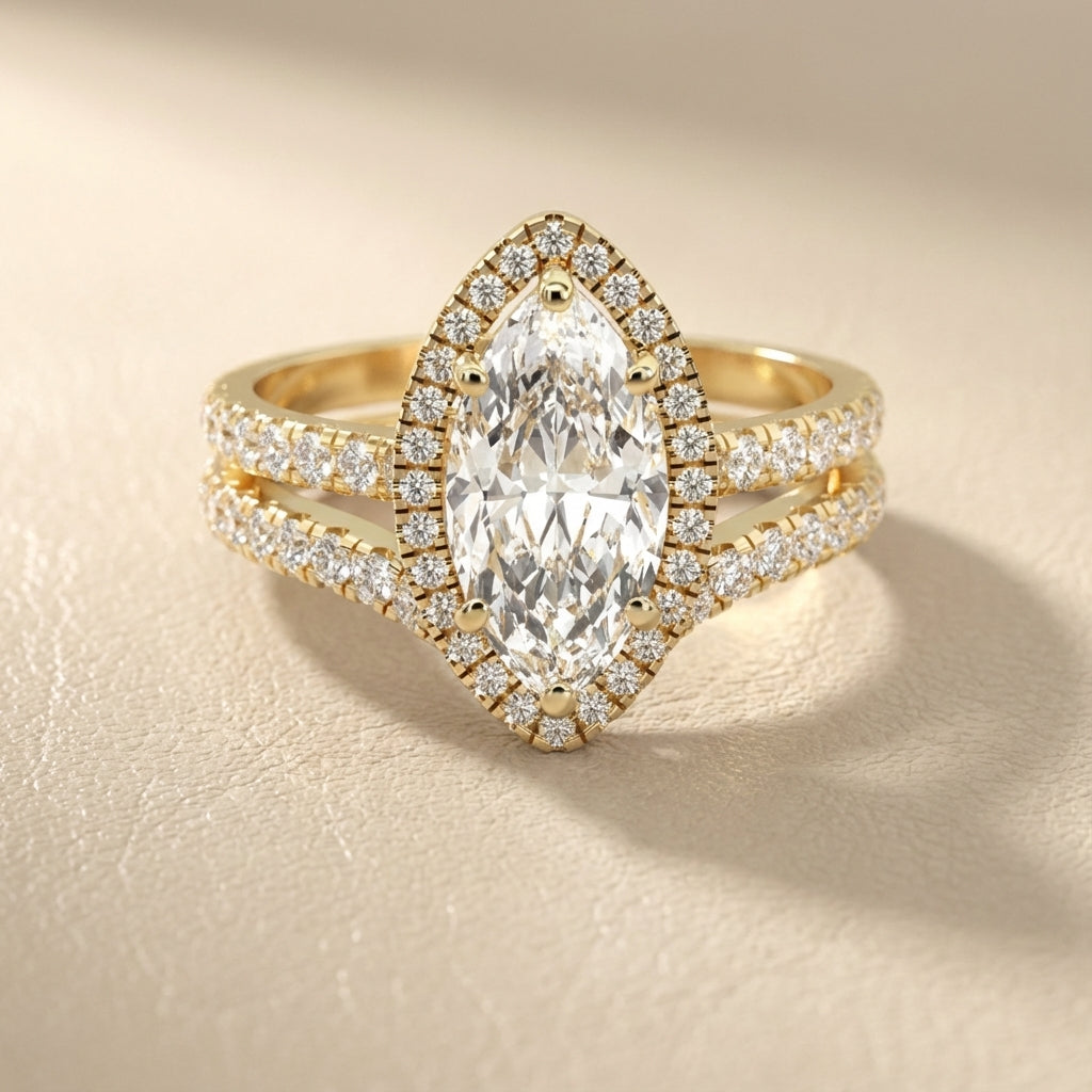 Marquise Cut Lab Grown Diamond Halo Engagement Ring with Split Shank in Yellow Gold
