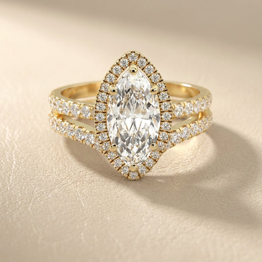 Marquise Cut Lab Grown Diamond Halo Engagement Ring with Split Shank in Yellow Gold