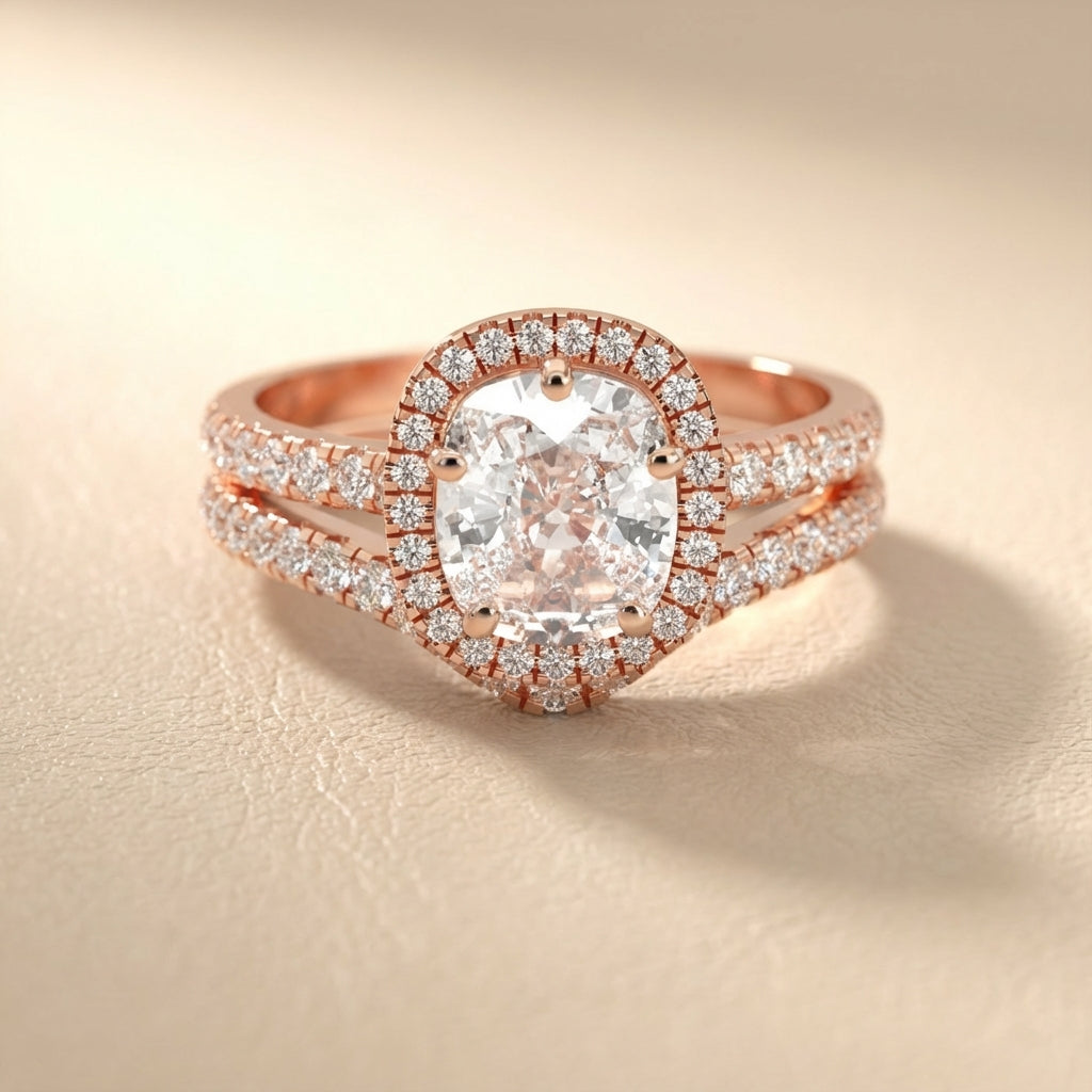 Cushion Cut Lab Grown Diamond Halo Engagement Ring in Rose Gold with Pave Split Shank