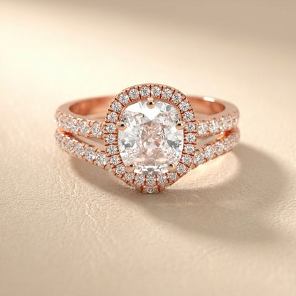 Cushion Cut Lab Grown Diamond Halo Engagement Ring in Rose Gold with Pave Split Shank