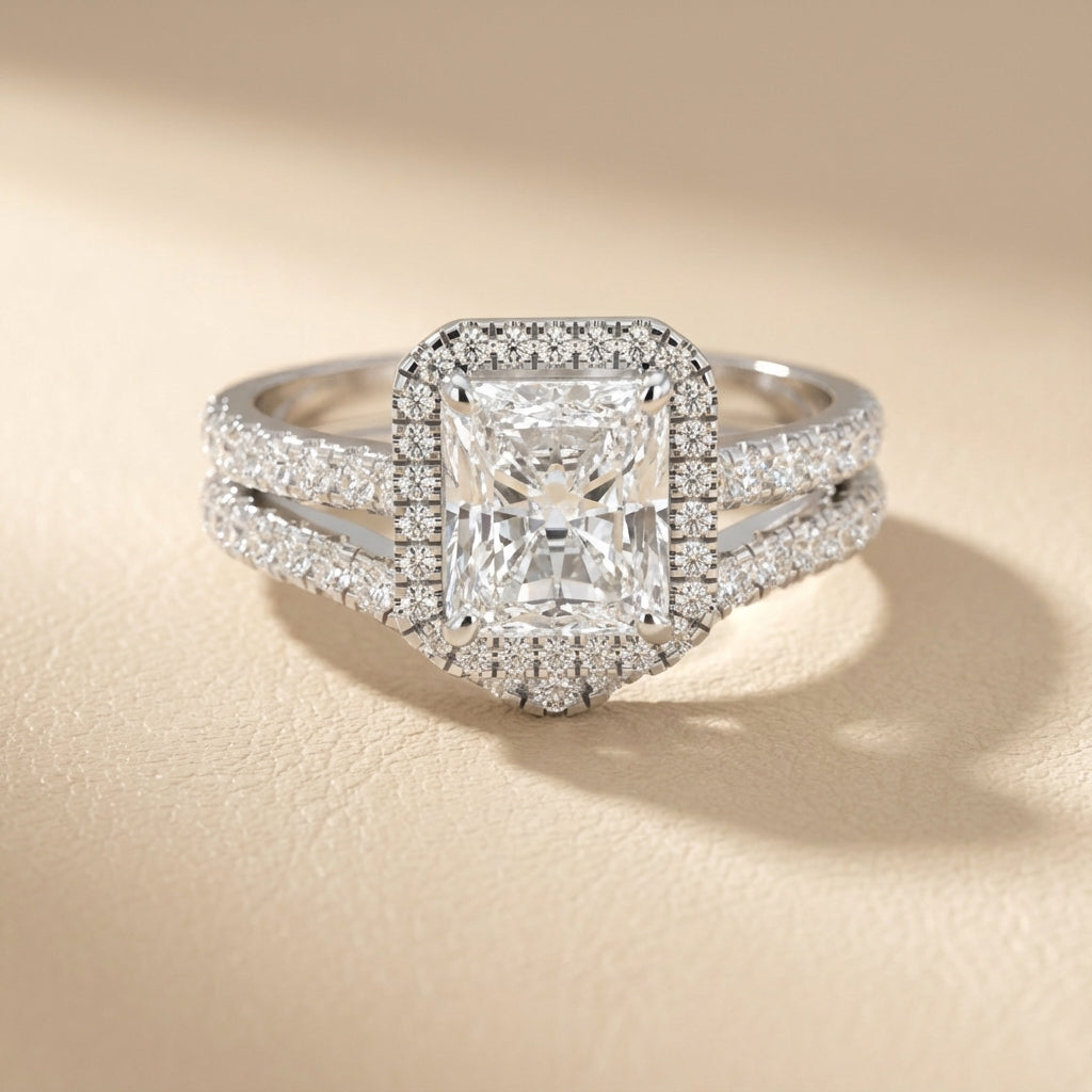 Radiant Cut Lab Grown Diamond Halo Engagement Ring in Silver setting with split shank.
