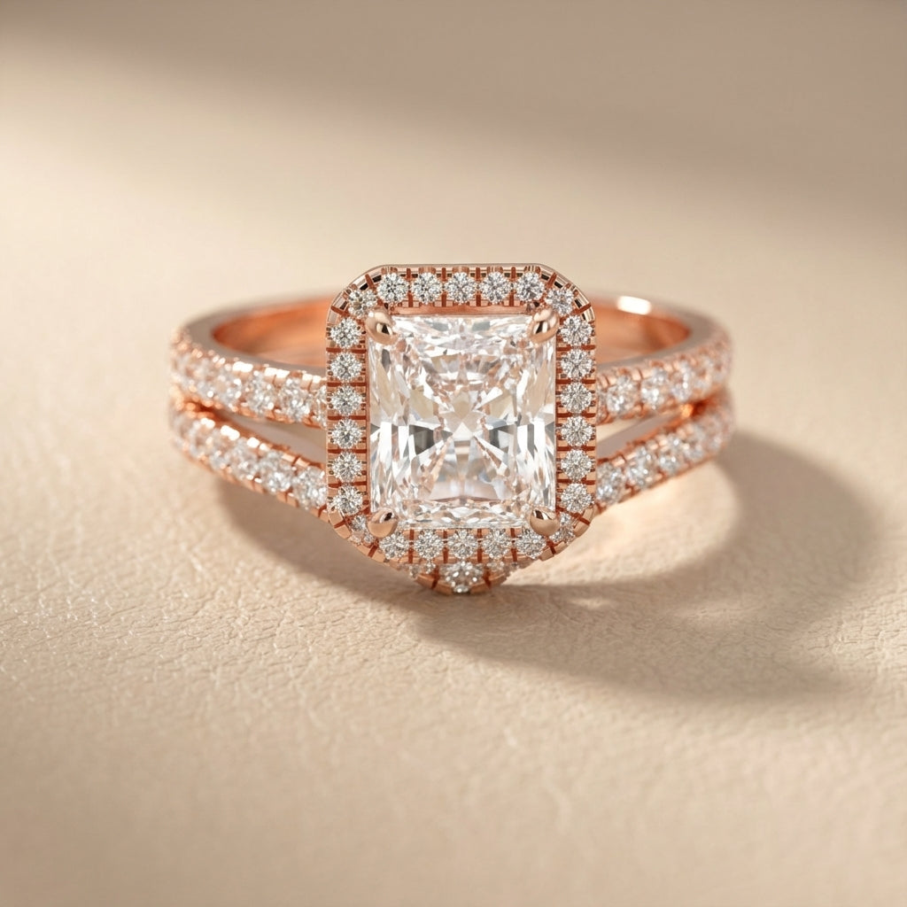 Radiant Cut Lab Grown Diamond Halo Engagement Ring in Rose Gold as shown in reference images.