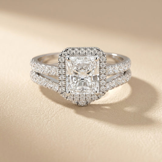 Radiant Cut Lab Grown Diamond Halo Engagement Ring in Platinum setting.
