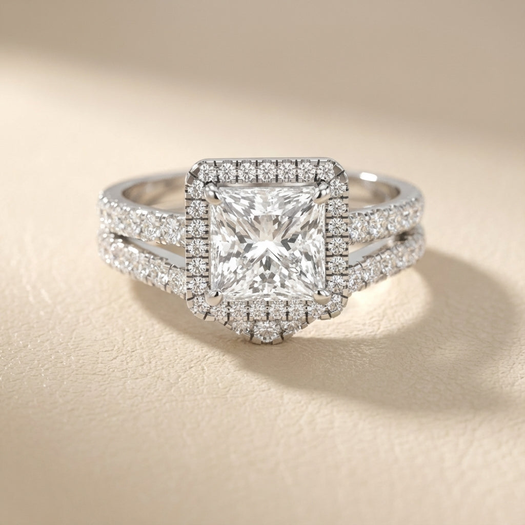 Princess Cut Lab Grown Diamond Halo Engagement Ring in White Gold Split Shank Setting