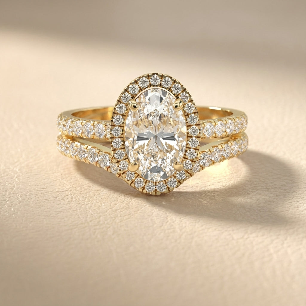 Oval Cut Lab Grown Diamond Halo Engagement Ring with Split Shank in Yellow Gold