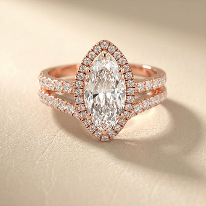 Marquise Cut Lab Grown Diamond Halo Engagement Ring with Split Shank in Rose Gold