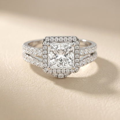 Princess Cut Lab Grown Diamond Halo Engagement Ring in Silver Split Shank Setting