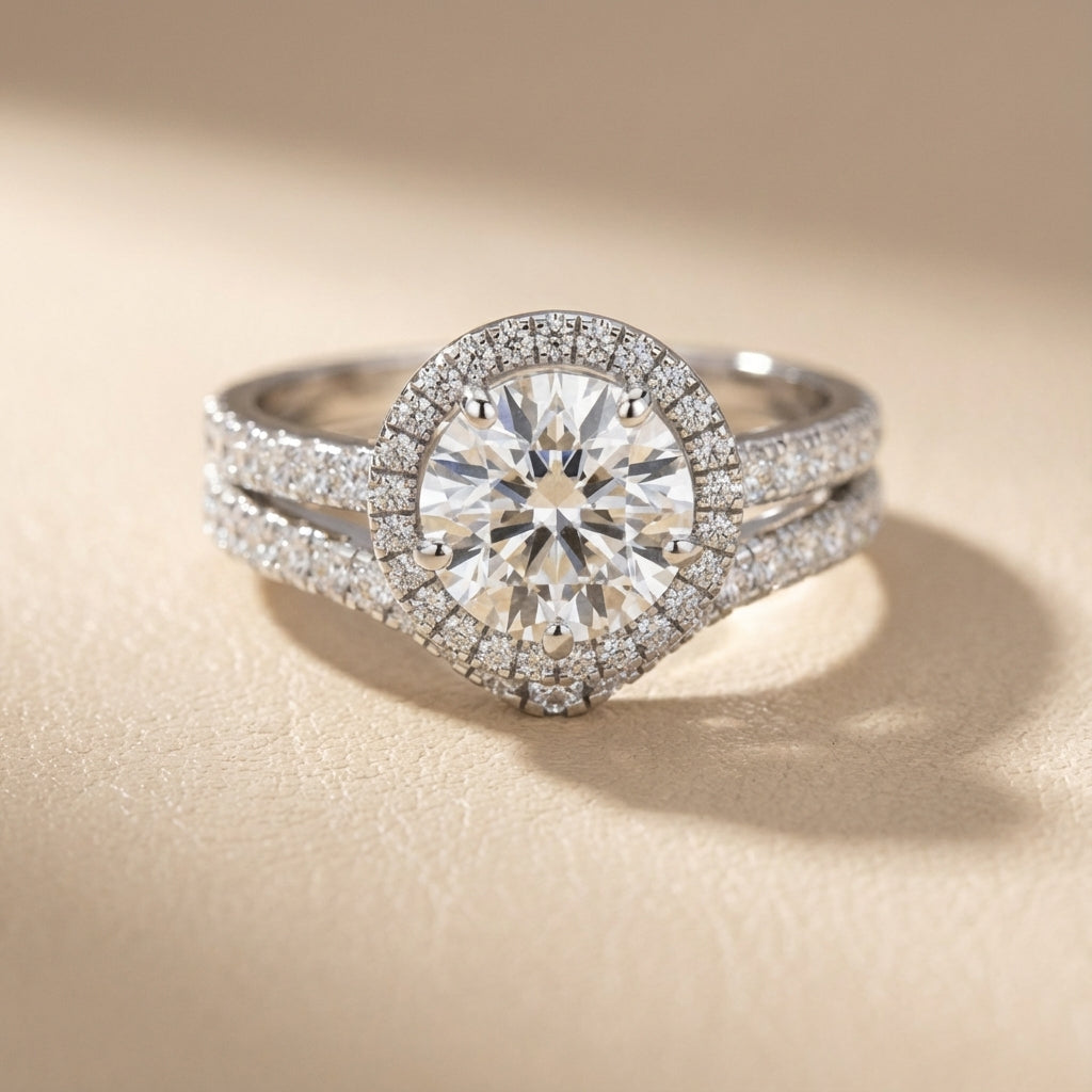 Round Cut Lab Grown Diamond Halo Engagement Ring in Silver showing split shank details