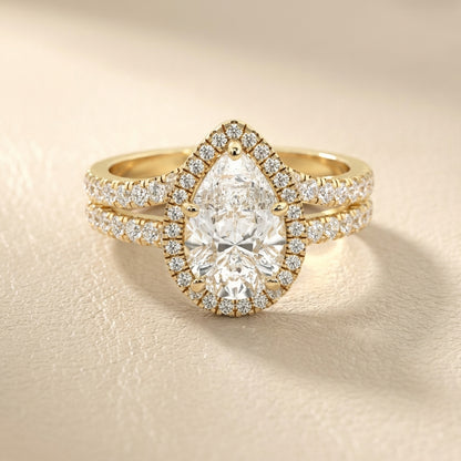 Pear Cut Lab Grown Diamond Halo Engagement Ring in Yellow Gold with Split Shank