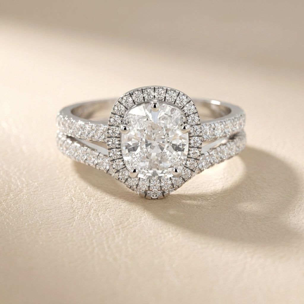 Cushion Cut Lab Grown Diamond Halo Engagement Ring in White Gold with Pave Split Shank