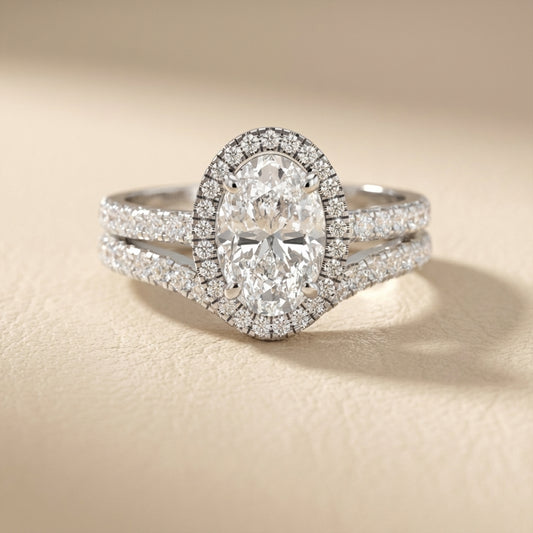 Oval Cut Lab Grown Diamond Halo Engagement Ring with Split Shank in Platinum