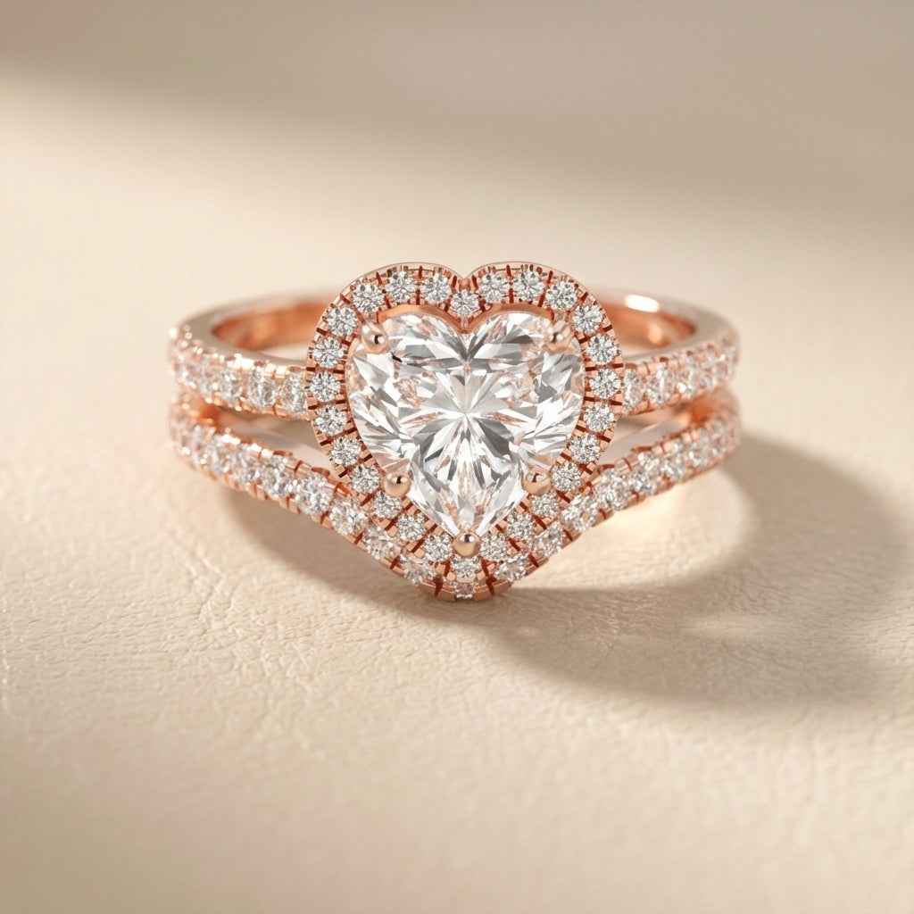 Seraphina Heart Cut Lab Grown Diamond Halo Engagement Ring in Rose Gold with pavé band