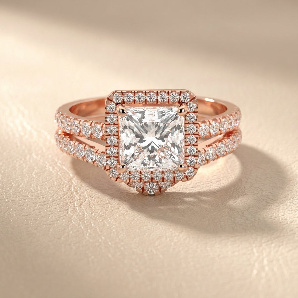 Princess Cut Lab Grown Diamond Halo Engagement Ring in Rose Gold Split Shank Setting