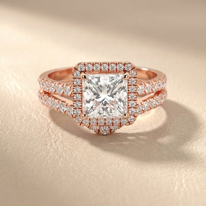 Princess Cut Lab Grown Diamond Halo Engagement Ring in Rose Gold Split Shank Setting