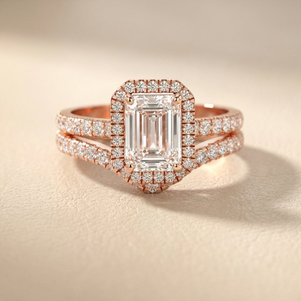 Emerald Cut Lab Grown Diamond Halo Engagement Ring in Rose Gold with Split Shank