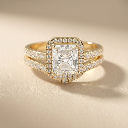 Radiant Cut Lab Grown Diamond Halo Engagement Ring in Yellow Gold setting.