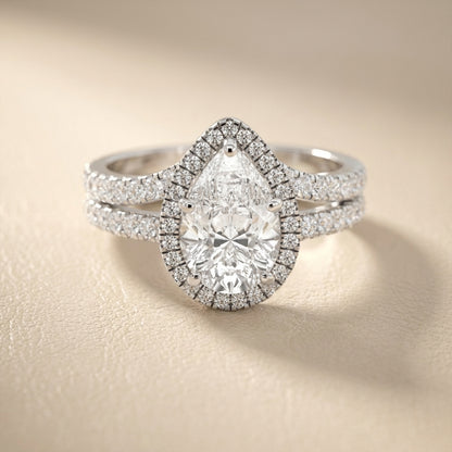 Pear Cut Lab Grown Diamond Halo Engagement Ring in Platinum with Split Shank