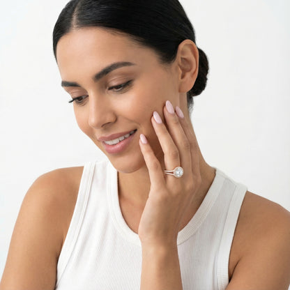 Round Cut Lab Grown Diamond Halo Engagement Ring in Rose Gold side profile view