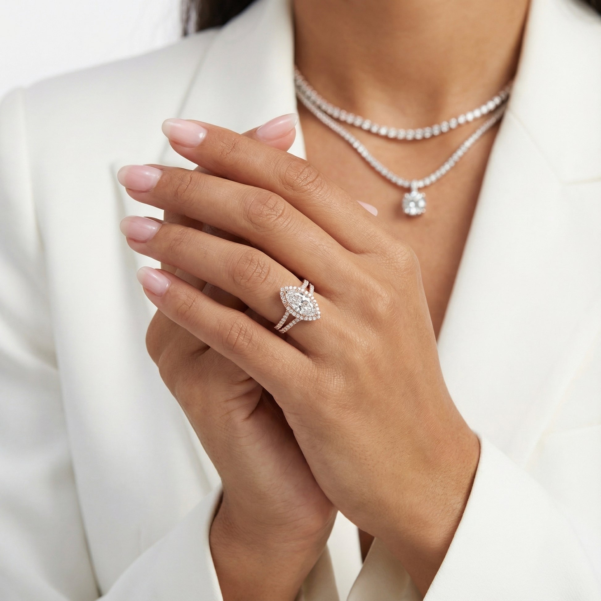 Marquise Cut Lab Grown Diamond Halo Engagement Ring with Split Shank in Rose Gold