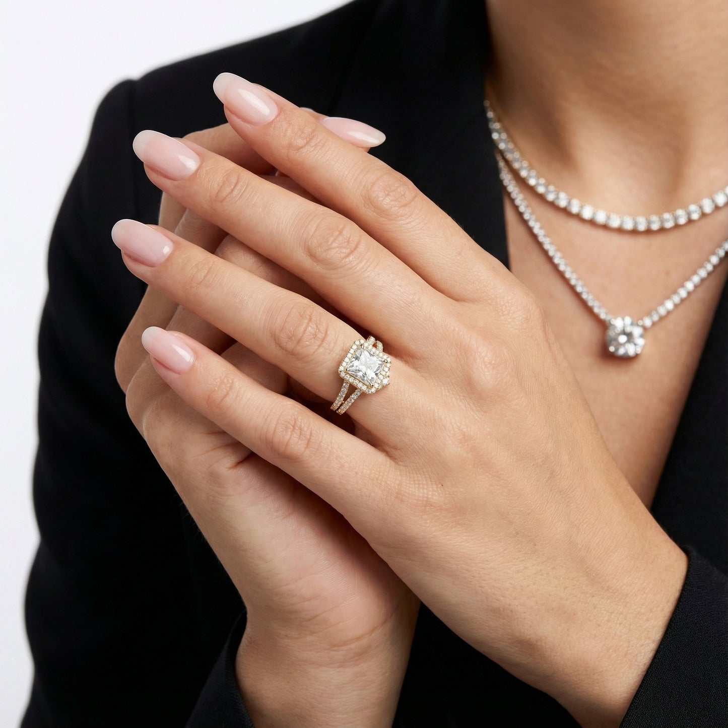 Princess Cut Lab Grown Diamond Halo Engagement Ring in Yellow Gold Split Shank Setting