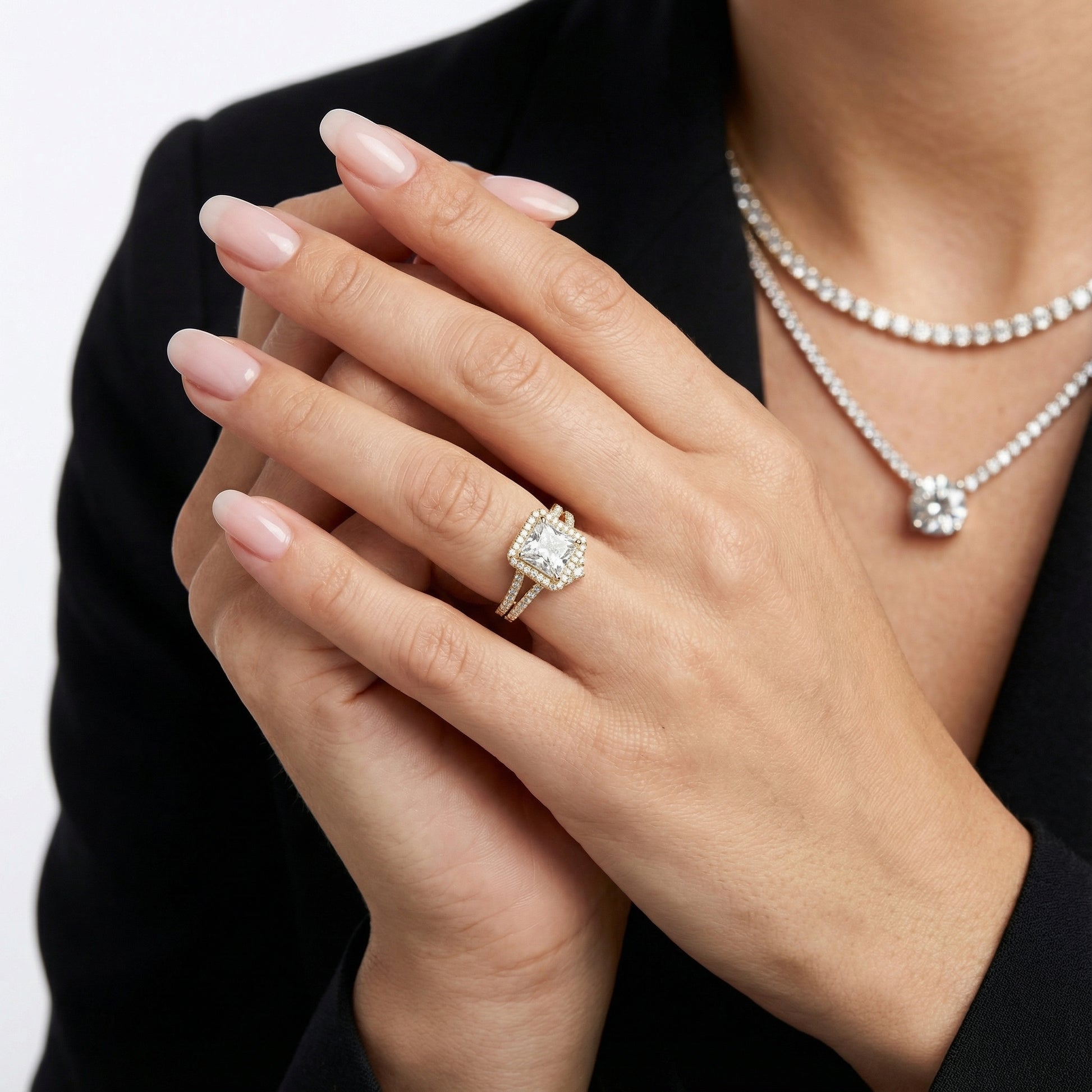 Princess Cut Lab Grown Diamond Halo Engagement Ring in Yellow Gold Split Shank Setting