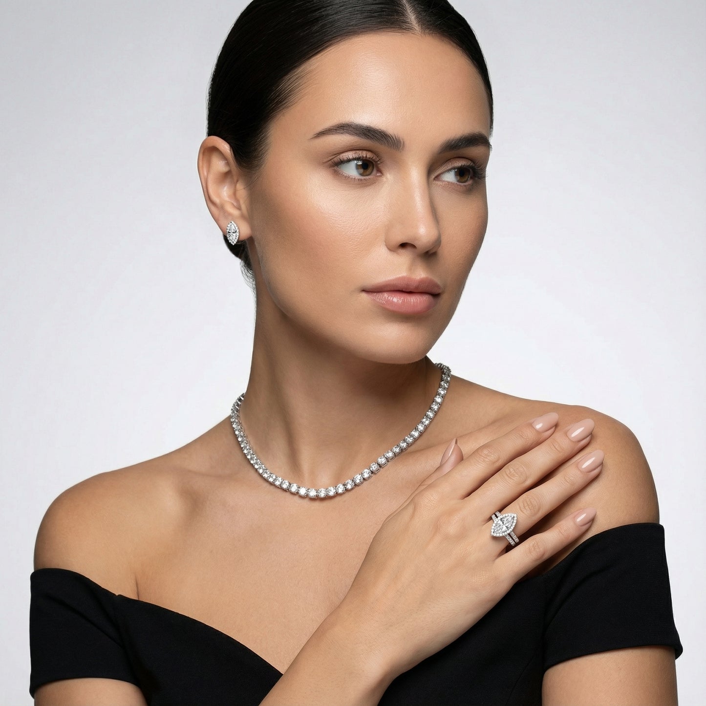 Marquise Cut Lab Grown Diamond Halo Engagement Ring with Split Shank in Silver