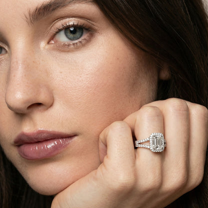 Emerald Cut Lab Grown Diamond Halo Engagement Ring in White Gold with Split Shank