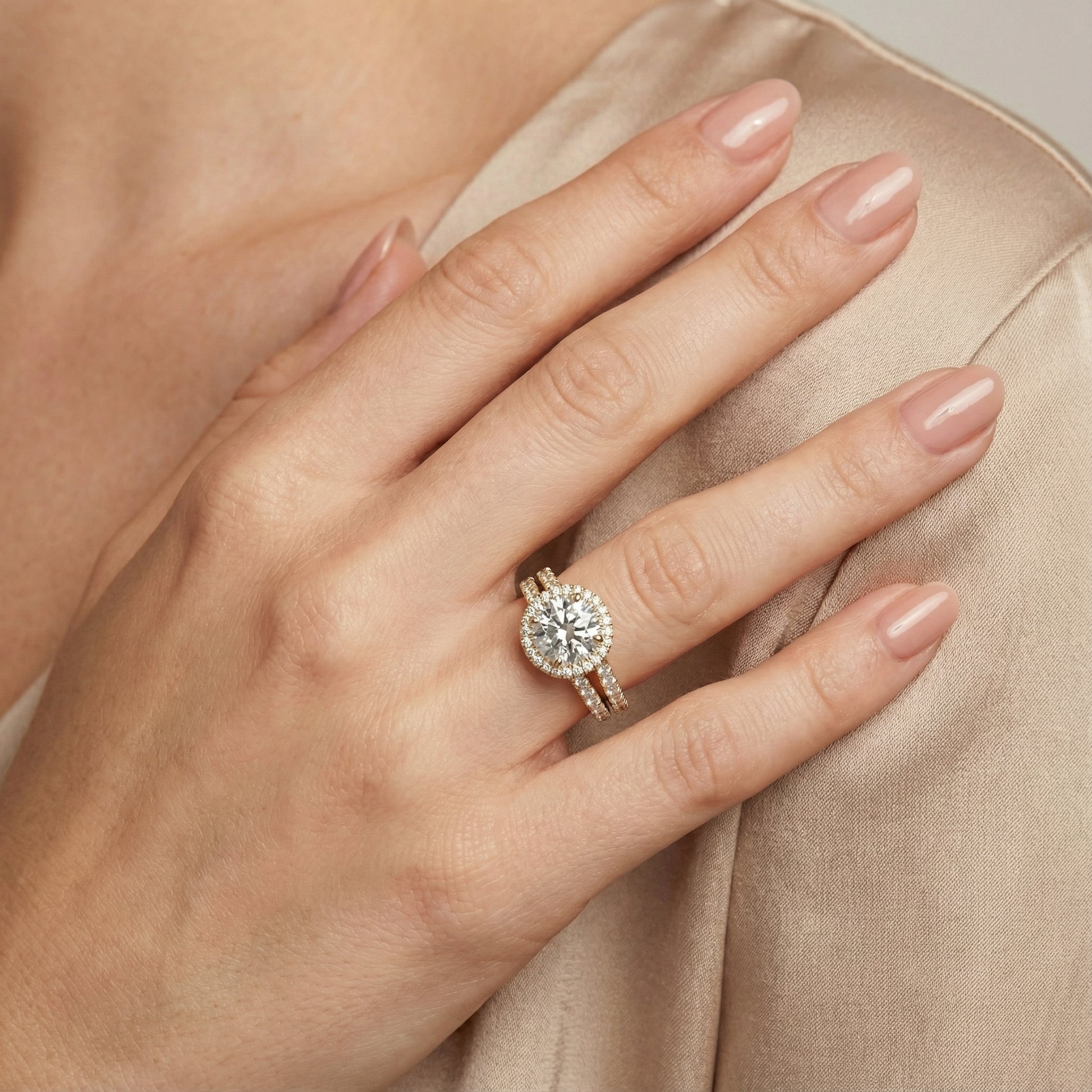 Round Cut Lab Grown Diamond Halo Engagement Ring in Yellow Gold top down view