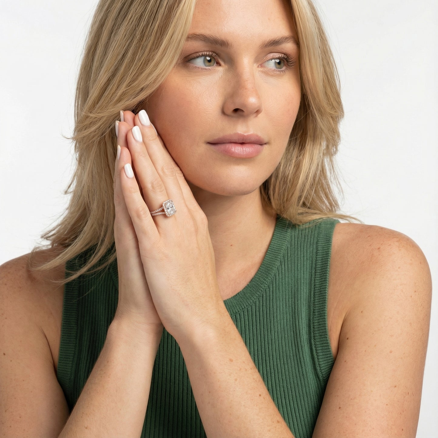 Radiant Cut Lab Grown Diamond Halo Engagement Ring in Rose Gold as shown in reference images.