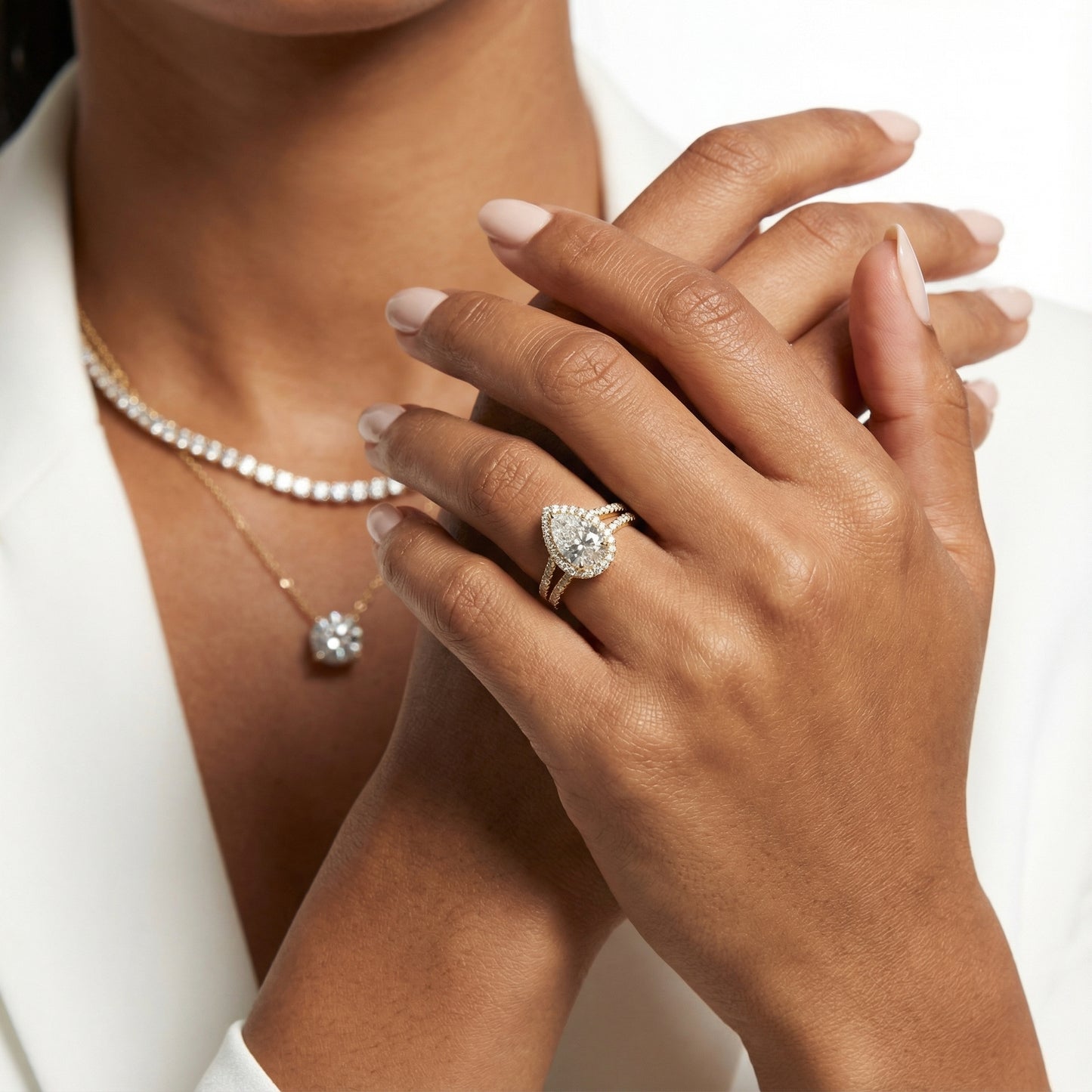 Pear Cut Lab Grown Diamond Halo Engagement Ring in Yellow Gold with Split Shank