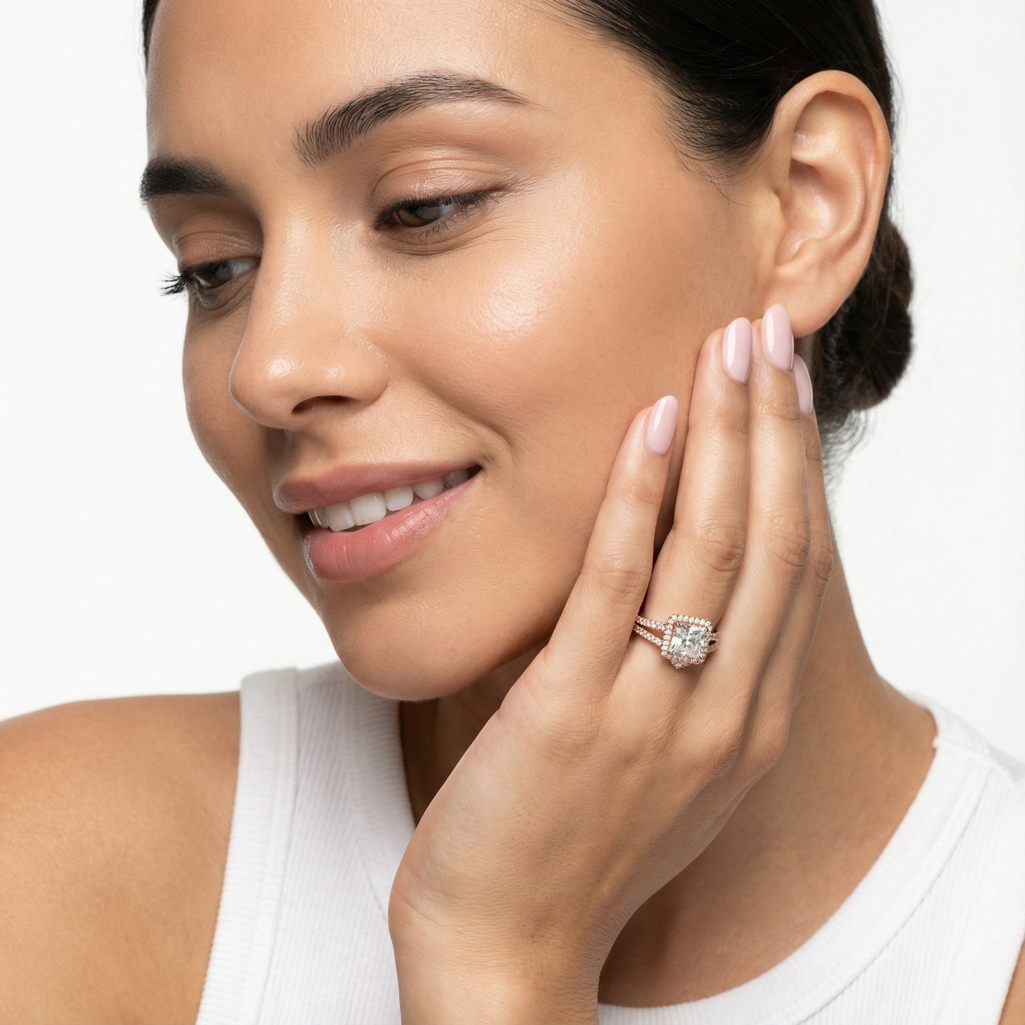 Princess Cut Lab Grown Diamond Halo Engagement Ring in Rose Gold Split Shank Setting