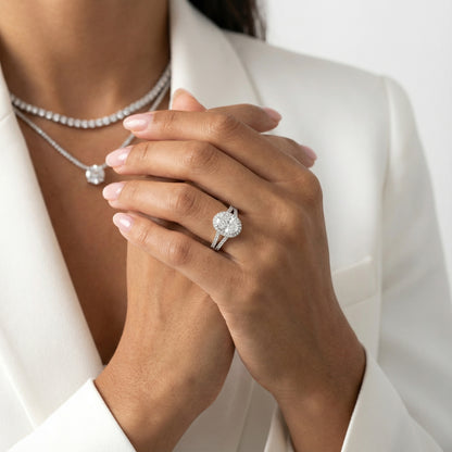 Cushion Cut Lab Grown Diamond Halo Engagement Ring in Platinum with Pave Split Shank