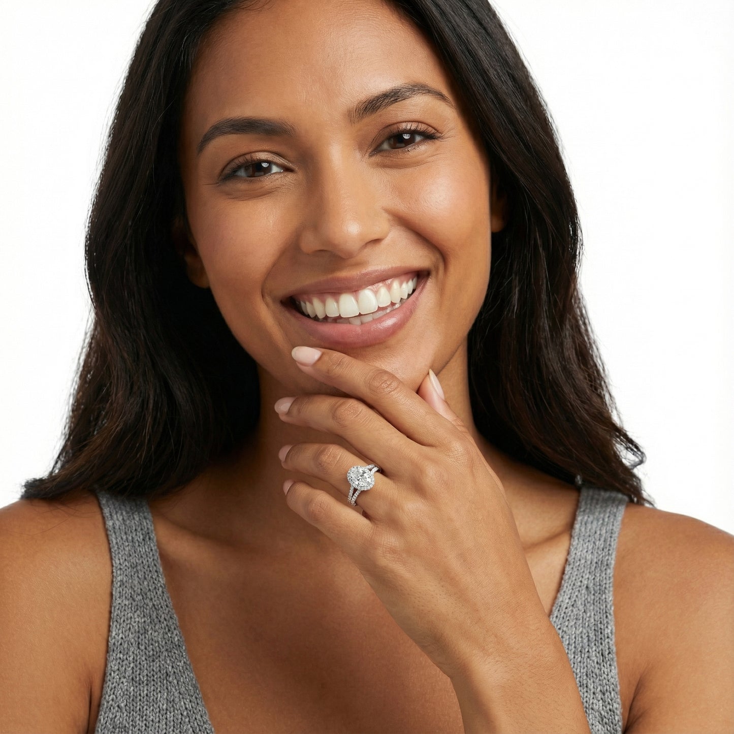 Oval Cut Lab Grown Diamond Halo Engagement Ring with Split Shank in White Gold