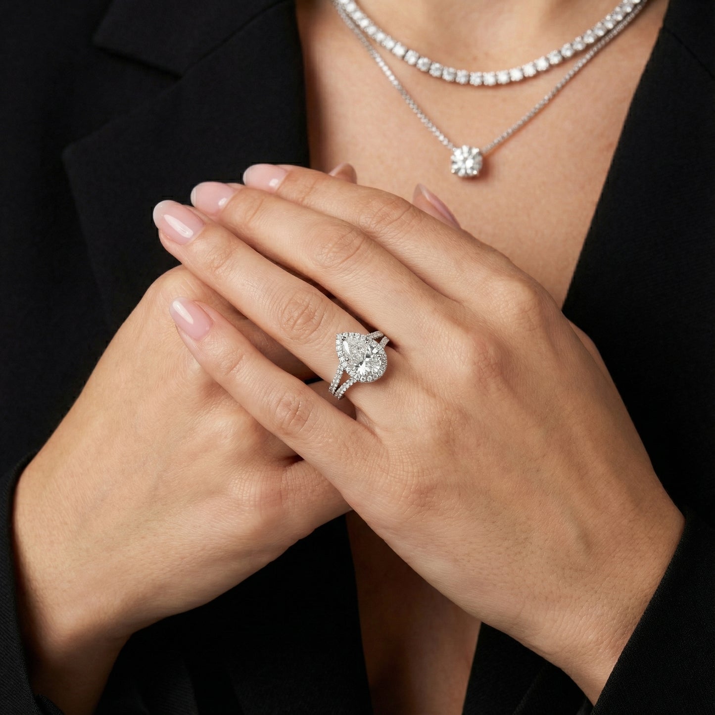 Pear Cut Lab Grown Diamond Halo Engagement Ring in Silver with Split Shank