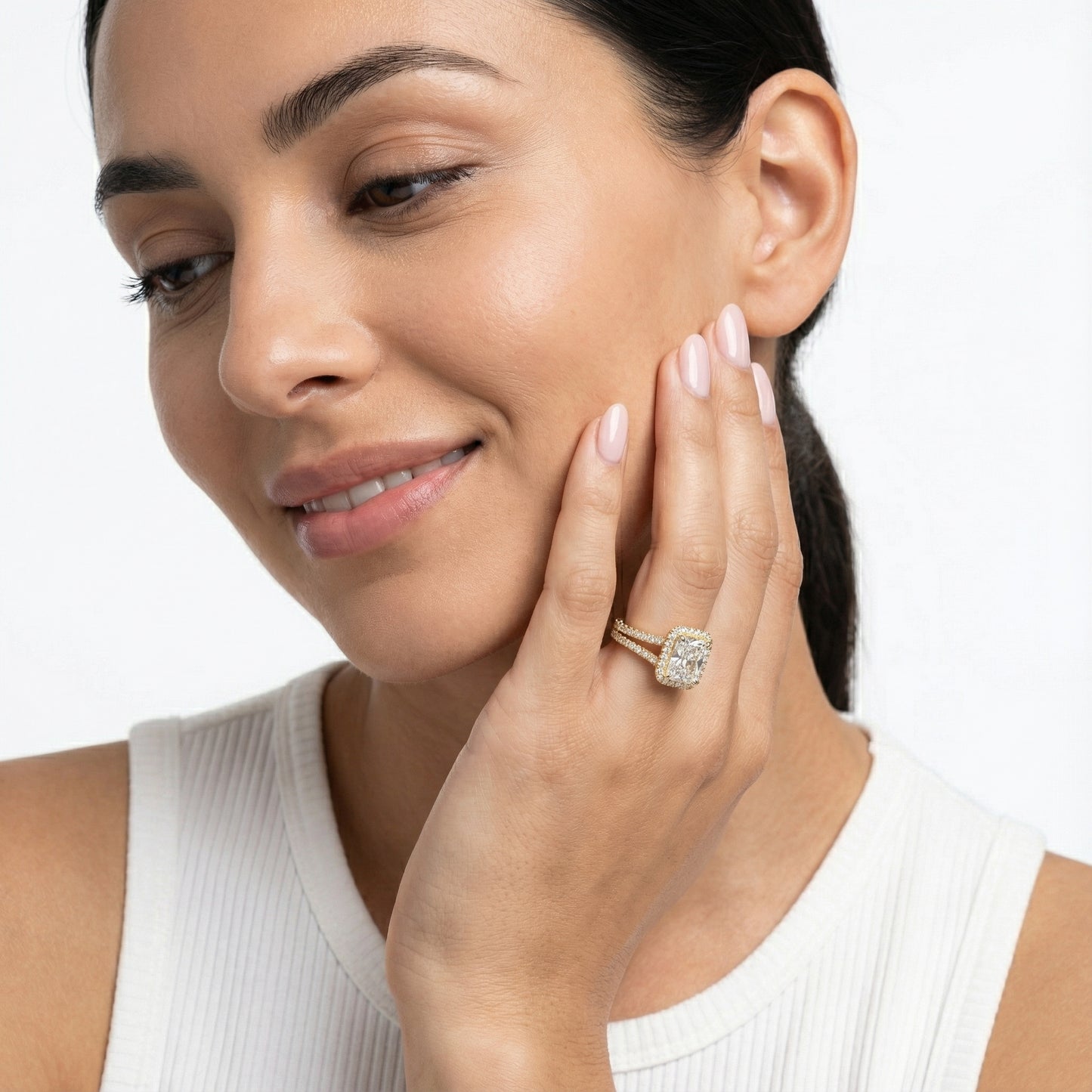 Radiant Cut Lab Grown Diamond Halo Engagement Ring in Yellow Gold setting.