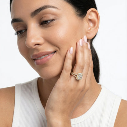 Radiant Cut Lab Grown Diamond Halo Engagement Ring in Yellow Gold setting.