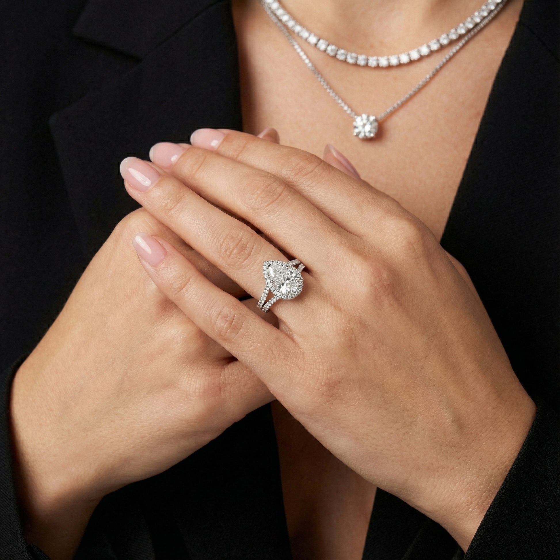 Pear Cut Lab Grown Diamond Halo Engagement Ring in White Gold with Split Shank