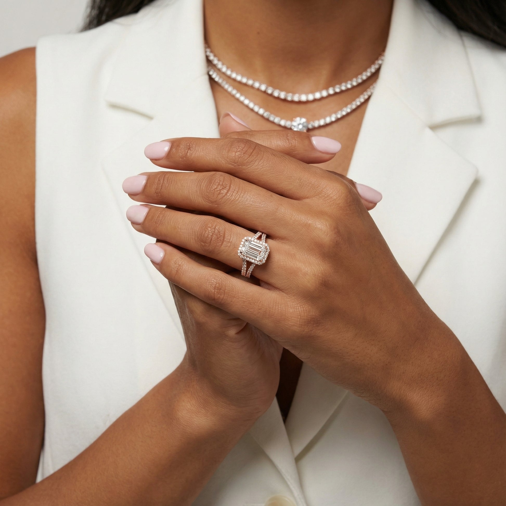 Emerald Cut Lab Grown Diamond Halo Engagement Ring in Rose Gold with Split Shank