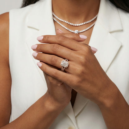 Emerald Cut Lab Grown Diamond Halo Engagement Ring in Rose Gold with Split Shank