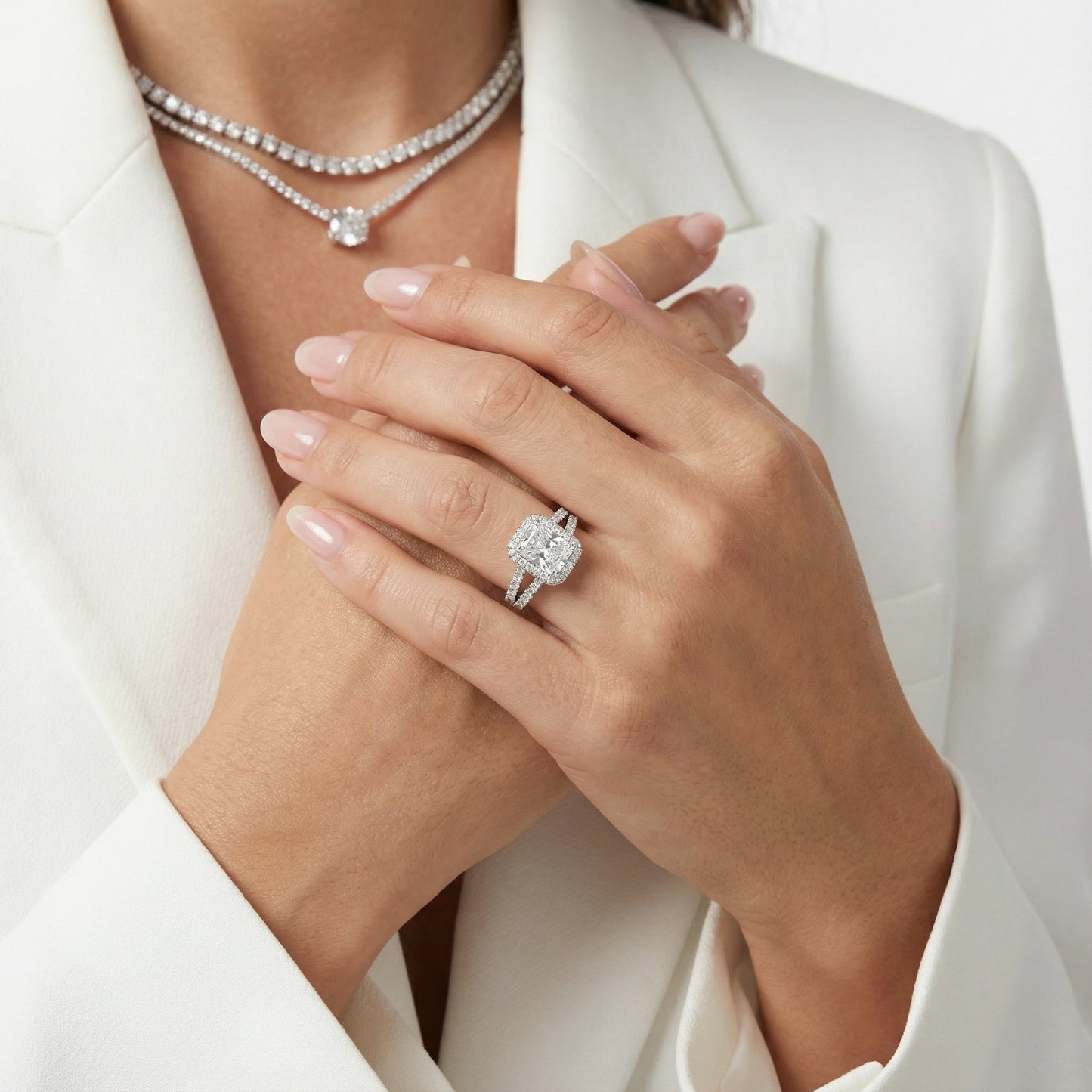 Radiant Cut Lab Grown Diamond Halo Engagement Ring in Silver setting with split shank.