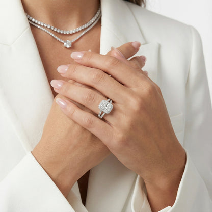 Radiant Cut Lab Grown Diamond Halo Engagement Ring in Silver setting with split shank.