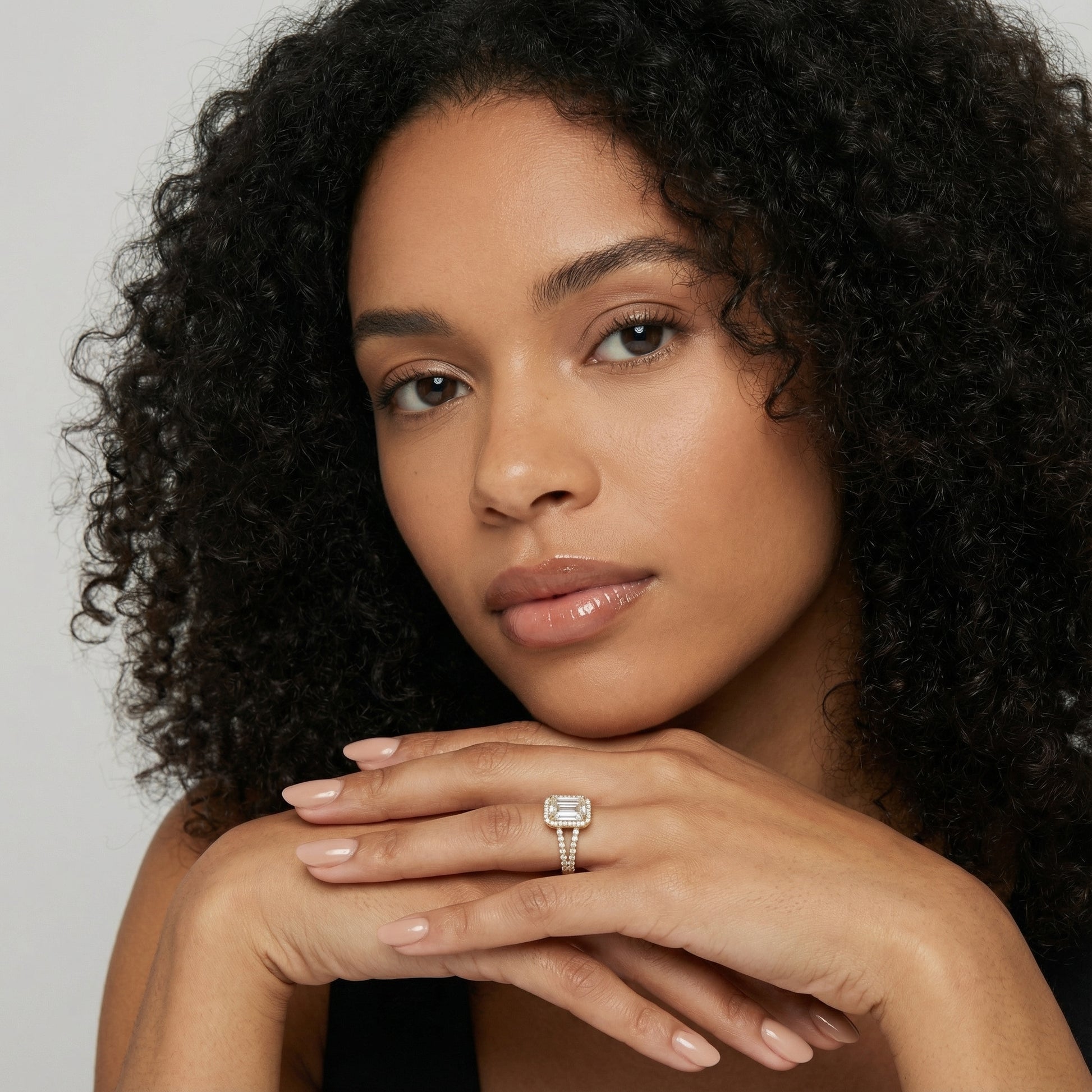 Emerald Cut Lab Grown Diamond Halo Engagement Ring in Yellow Gold with Split Shank