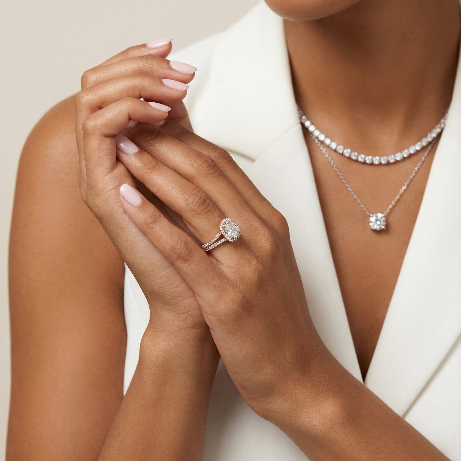 Cushion Cut Lab Grown Diamond Halo Engagement Ring in Rose Gold with Pave Split Shank