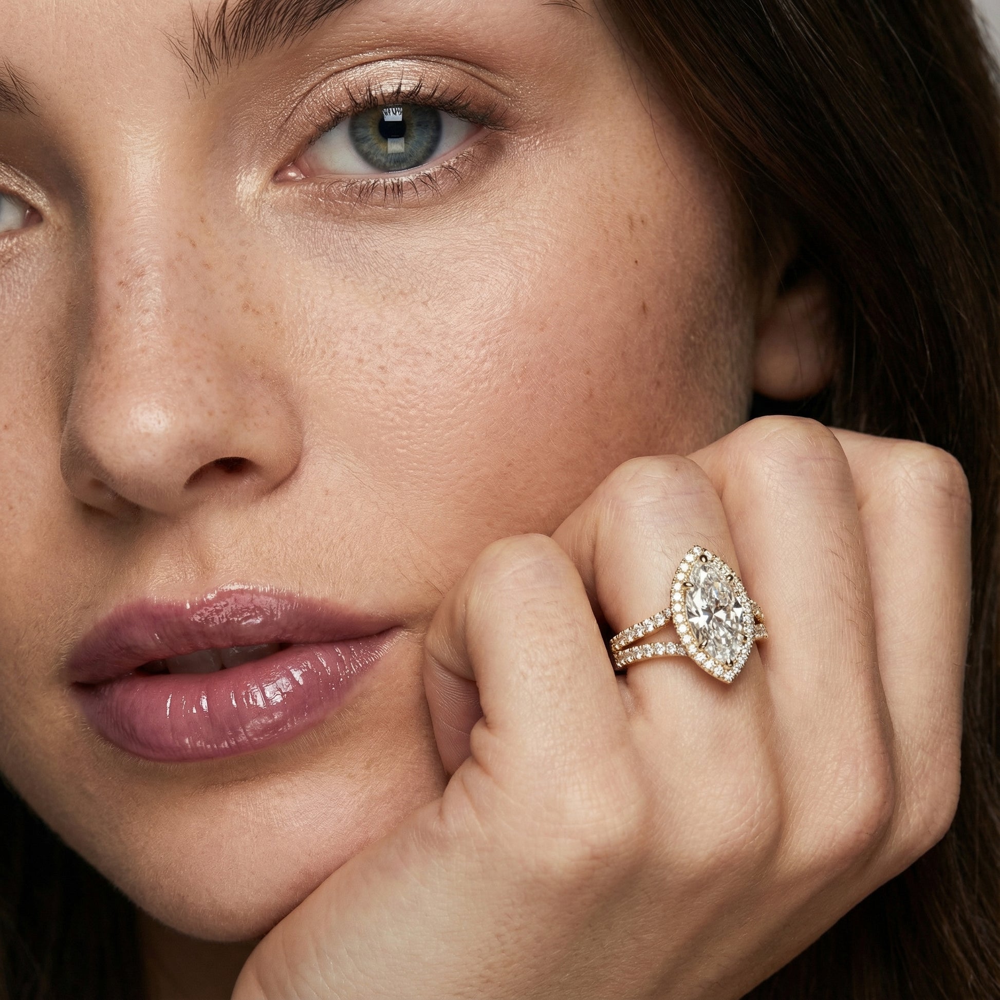 Marquise Cut Lab Grown Diamond Halo Engagement Ring with Split Shank in Yellow Gold