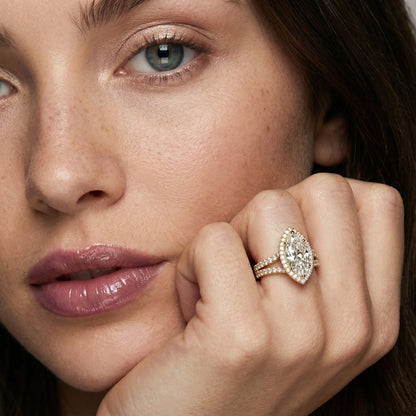 Marquise Cut Lab Grown Diamond Halo Engagement Ring with Split Shank in Yellow Gold